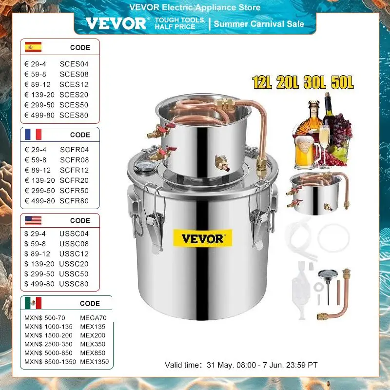 VEVOR 3 5 8 13 Gal Distiller Alambic Moonshine Alcohol Still Stainless Copper DIY Home Brew Water Wine Essential Oil Brewing Kit