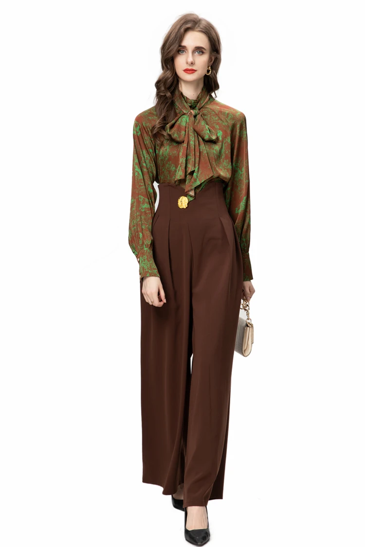 Women's Three Piece Pants Sets Lace Up Bow Collar Printed Shirt with Long Loose Pant Fashion Twinset