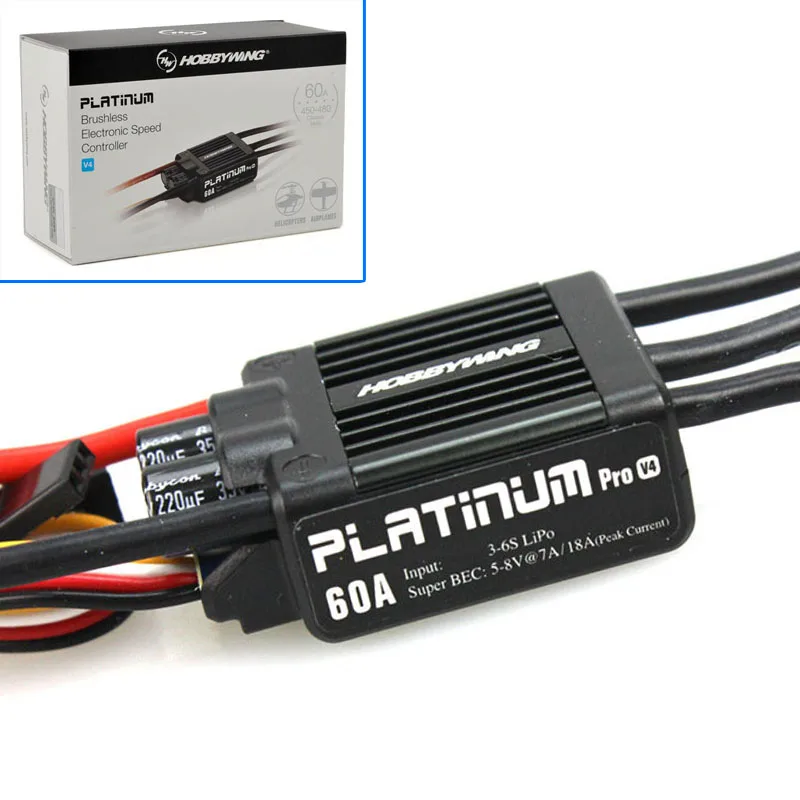 

Original HobbyWing Platinum PRO V4 60A ESC (3S-6S) for 450-480 Class Helicopter (Propeller: 325-360mm)