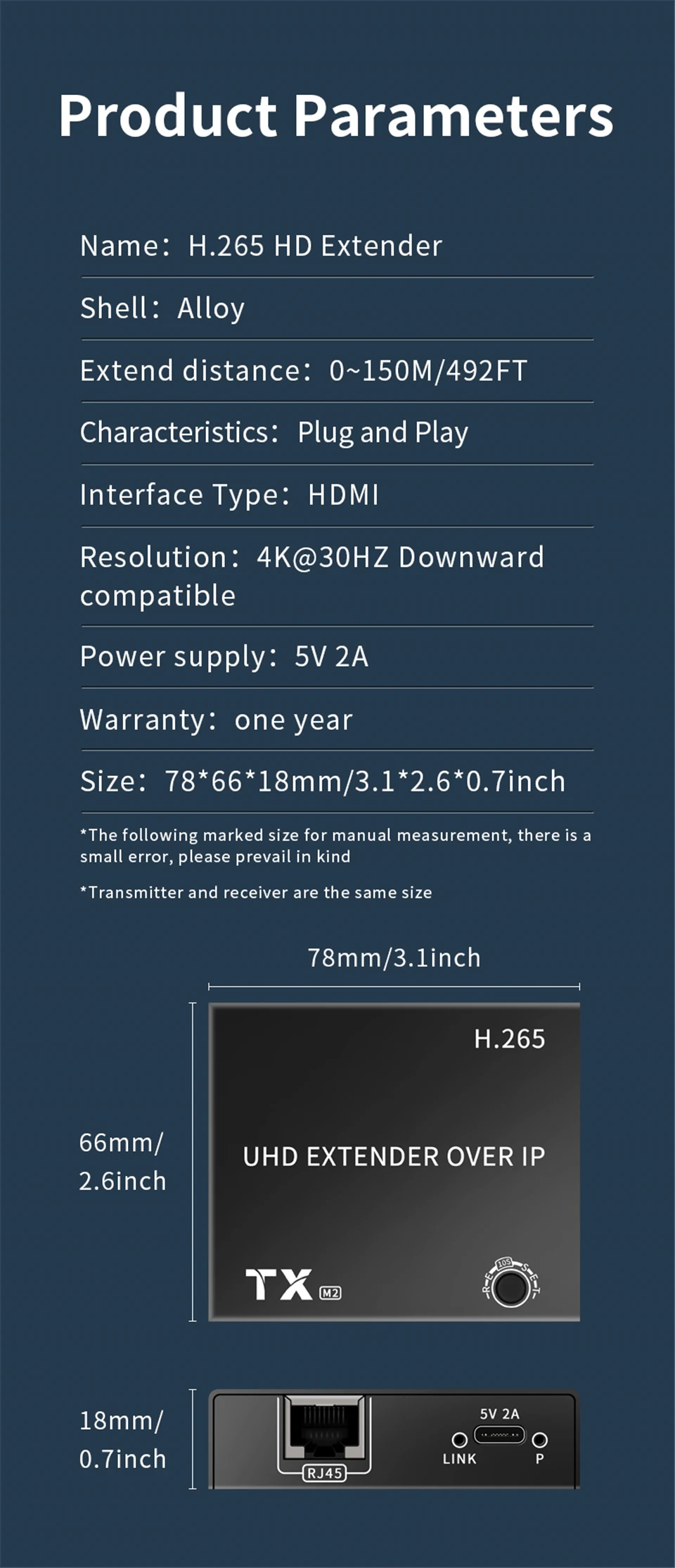 150M H.265 HDMI IP Extender Via RJ45 Ethernet Network Cat5e Cat6 Cable Multi Tra