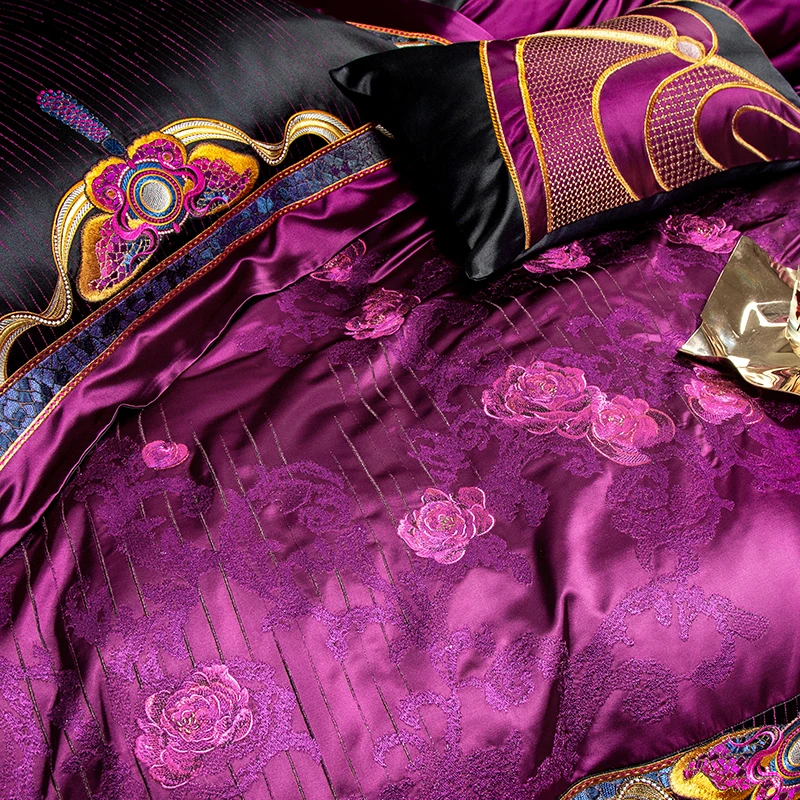 Luxury 800TC Brocade Jacquard  Black Purple Patchwork Embroidery Bedding Set Quilt Cover Bed Sheet Or Bedspread Pillow Shams 5