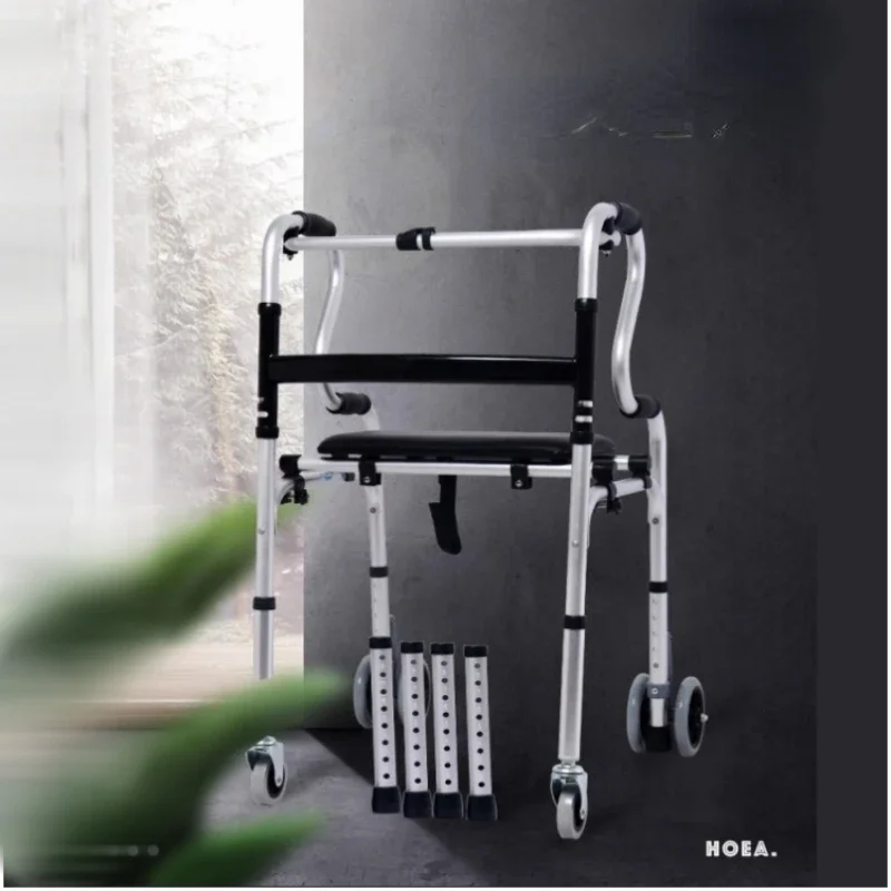 Foldable FourLegged Walker Cane NonSlip Elderly Support Portable Trolley Easy Mobility Walking Aid Adjustable Senior Walker