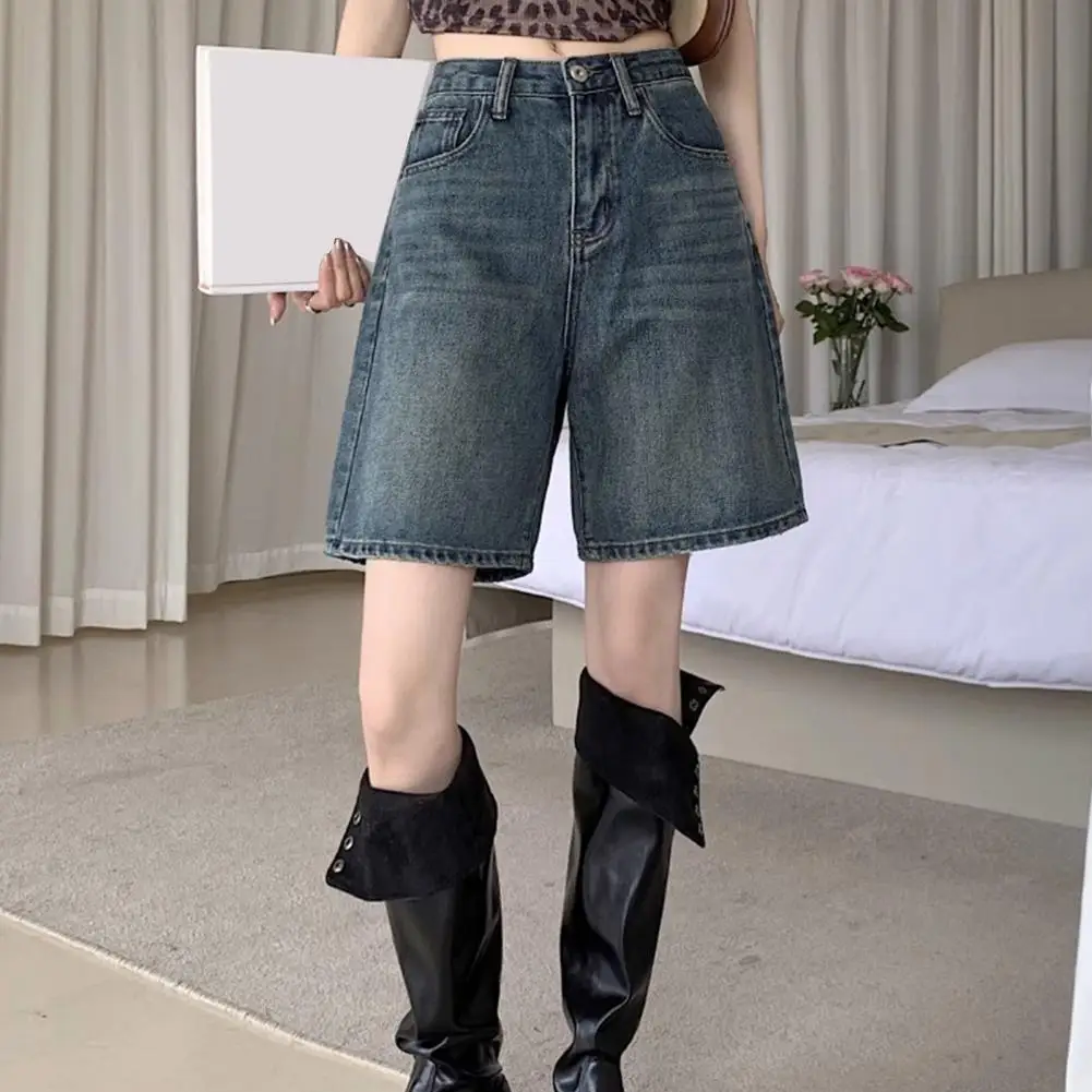 여성용 데님 하의 데님 청바지, 빈티지 하이웨이스트 데님 반바지, 와이드 레그 스트릿웨어 청바지, 단추 클로저 지퍼 무릎