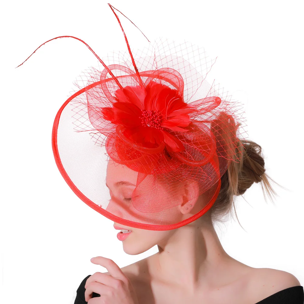 

Large Flower Feather Fascinator, Net Yarn Veil Kentucky Derby Hat Banquet Cocktail Tea Party Wedding Bridal Headwear