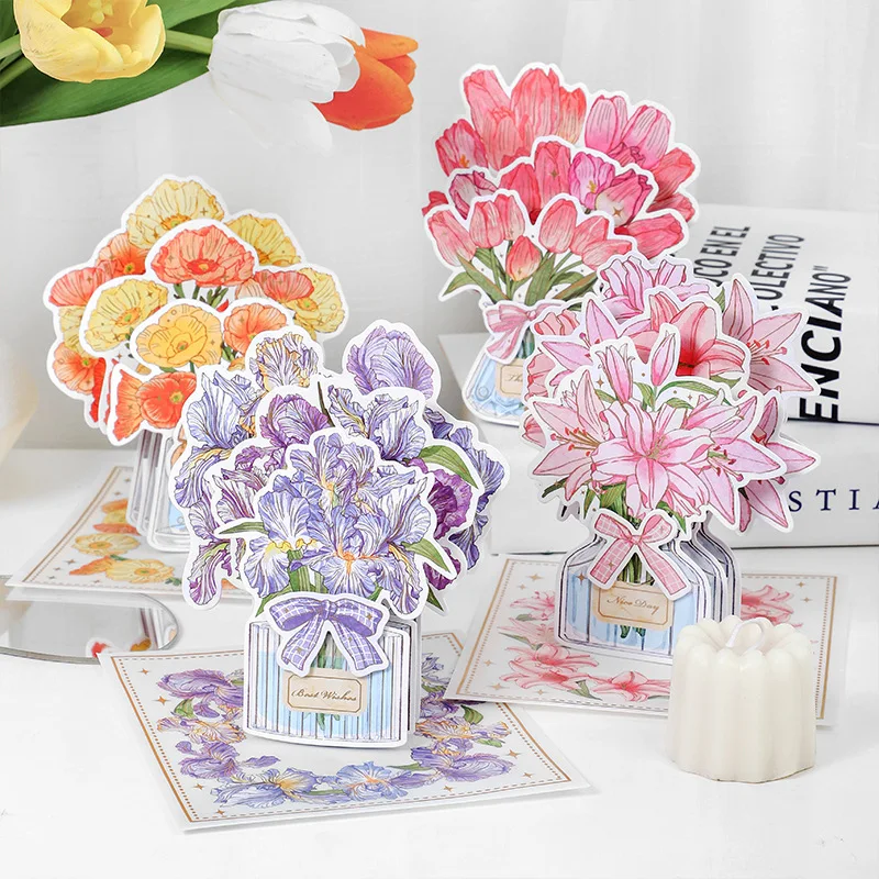 

3D Bronzing Greeting Card Flower Blessing Series Small Fresh Bouquet Girl Gift Message Card Kawaii Stickers