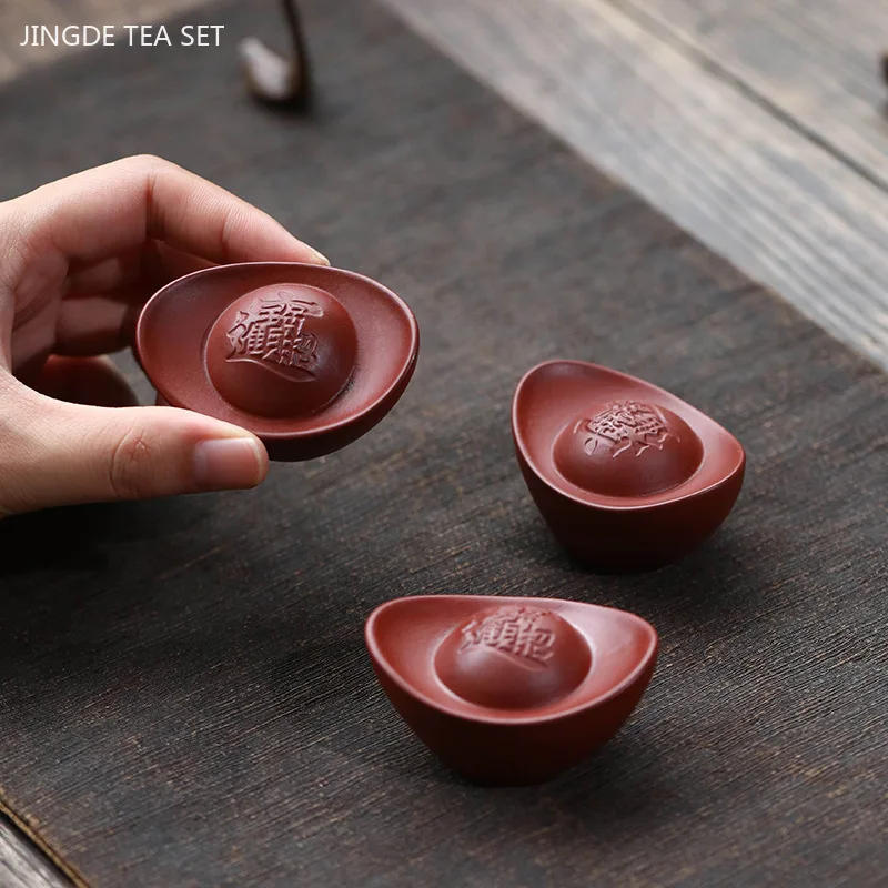 1Pc Yixing Purple Sand Tea Pet Handmade Ingot Model Ornaments Chinese Tea Set Decoration Tea Table Feng Shui Decor Crafts