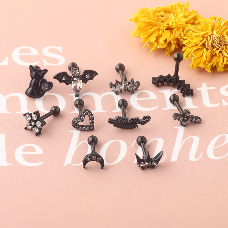 wholesales black cartialge tragus earrings stainless steel hot sales body piercings helix barbell conch daith earrings stud mix