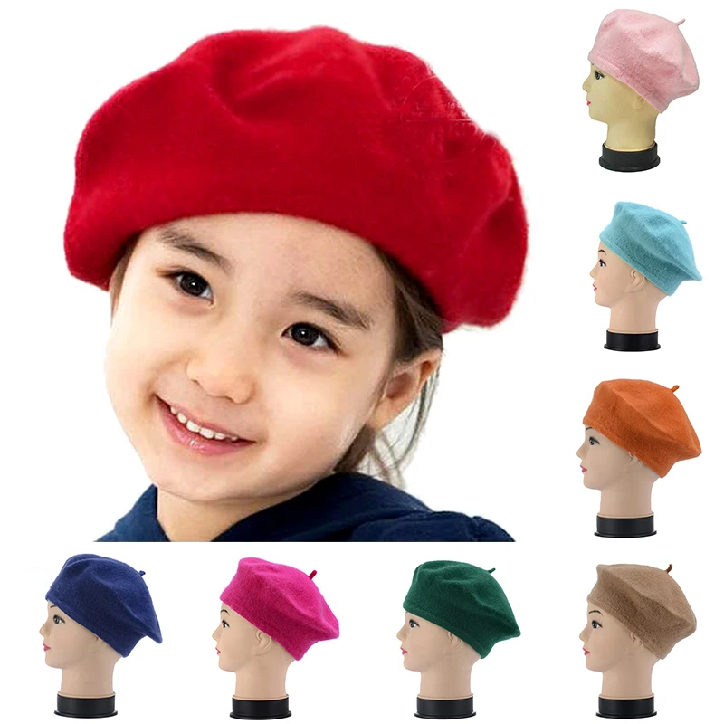 Woolen Hat Children Beret Baby Hat Winter Wool Beret Classic Vintage Tweed Beret Cap for Girl Solid Color Outdoor Warm Cap for Children