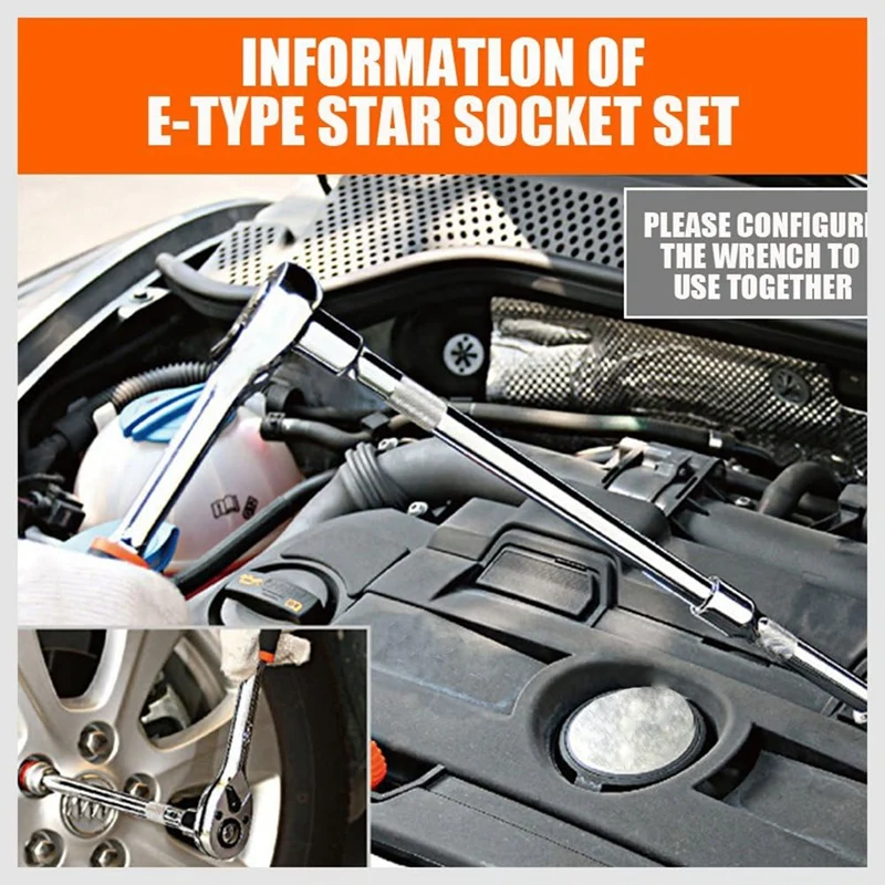 암컷 E-TORX 스타 소켓 세트, 레일 포함, 암컷 외부 스타 소켓 세트, E4-E20 토크 소켓 세트, 합금강 실버, 11 개