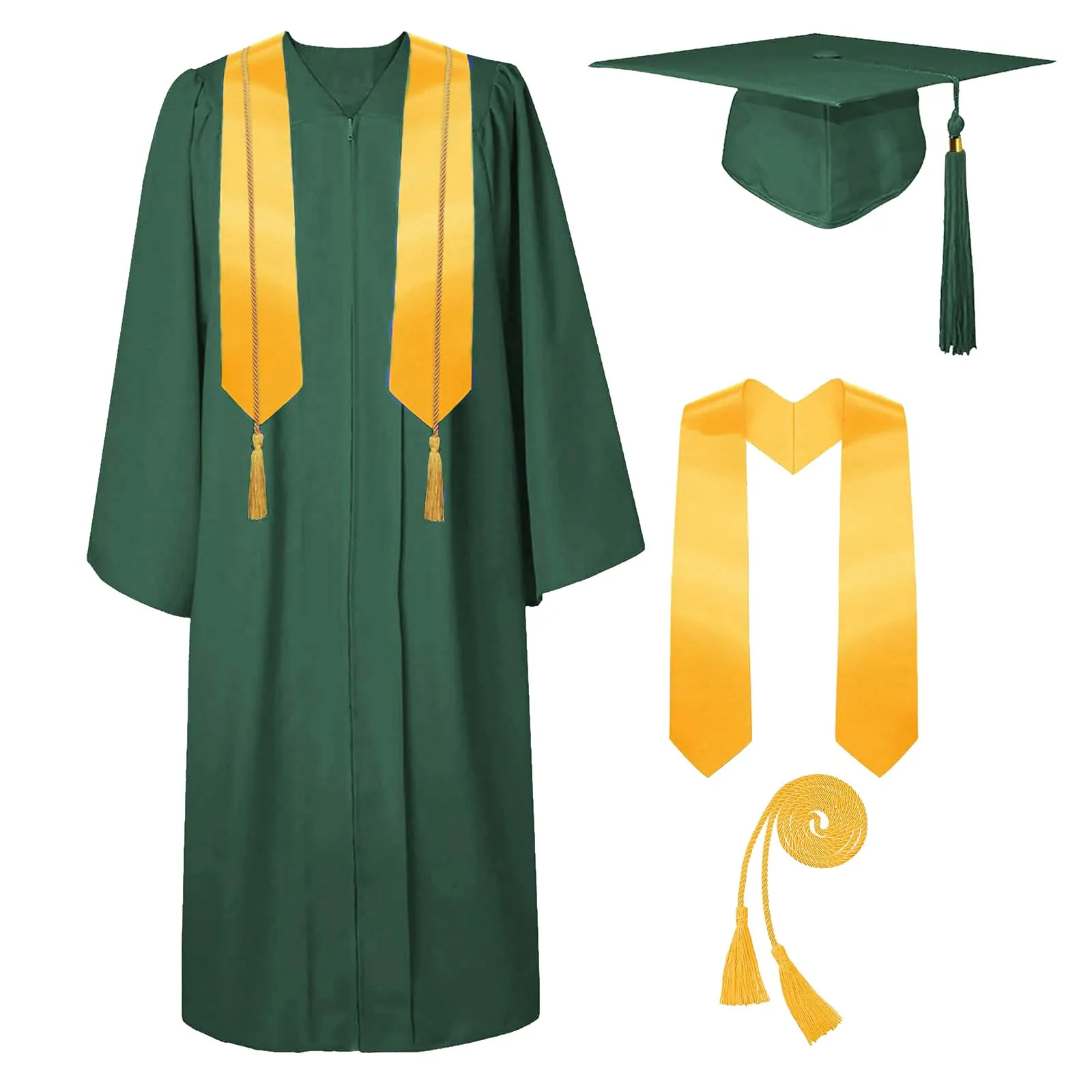 Graduation gown set 4pcs for bachelor unisex college caps with tassel and stole