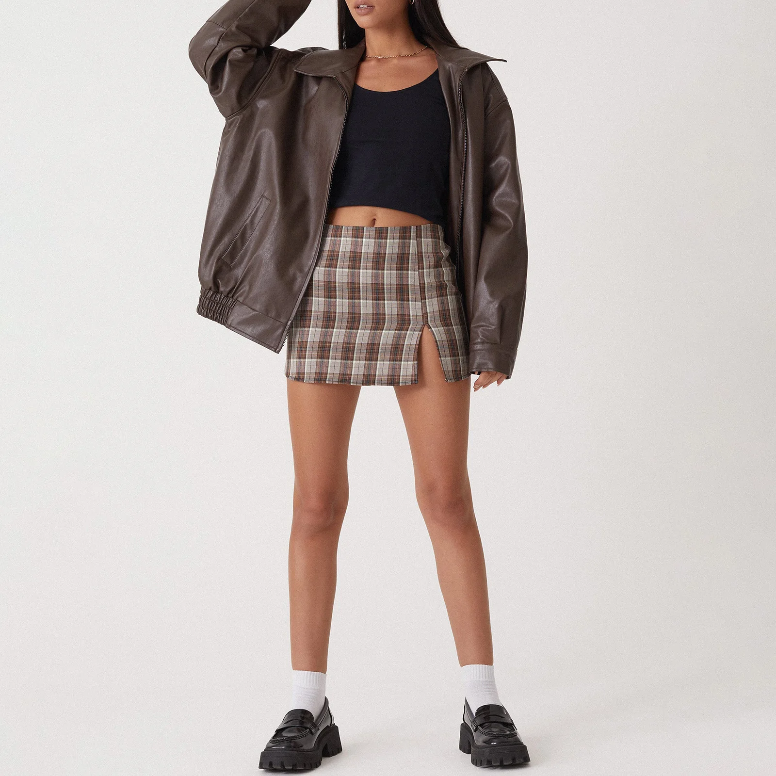 Women Leather Motorcycle Jacket Casual Solid Color Long Sleeve Zipper Cardigan Coat Fall Clothes Outwear Fashion Streetwear