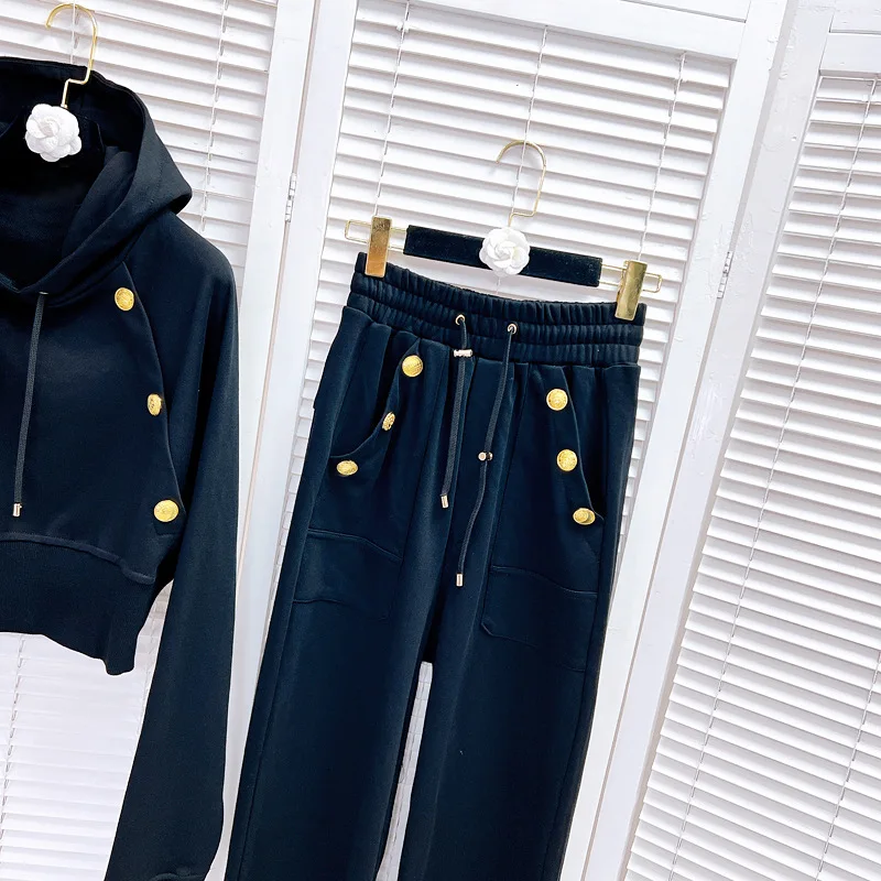 European And American Style Autumn Clothes A Set Of Casual Sportswear Lively Black Color Hoodie Trousers Two-Piece Suit Outfits