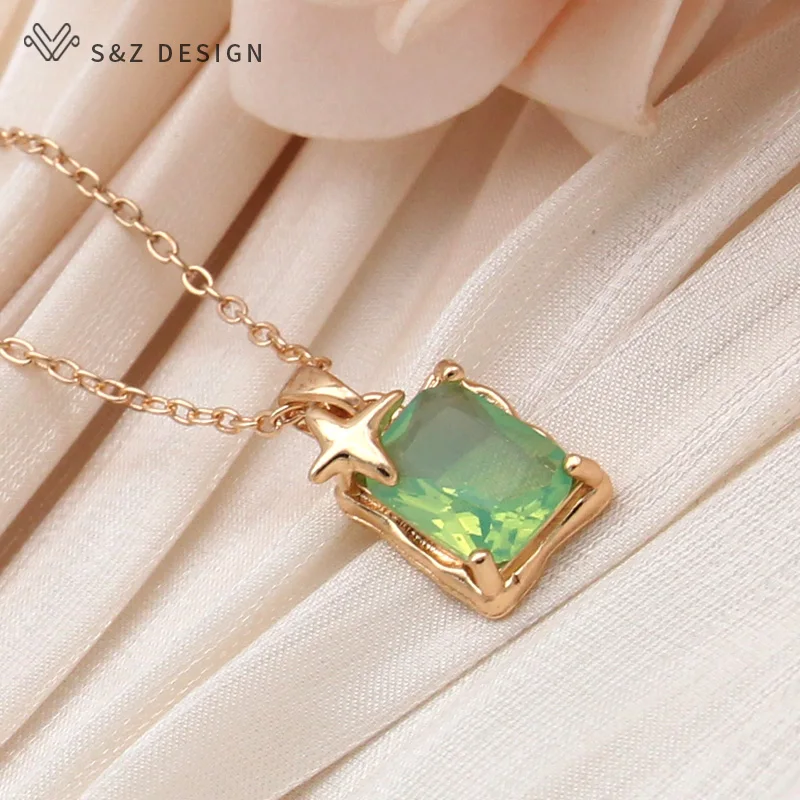 S&Z DESIGN New Fashion Rectangle Green Artificial Crystal Pendant Necklace For Women Trendy Elegant Collarbone Chain Jewelry