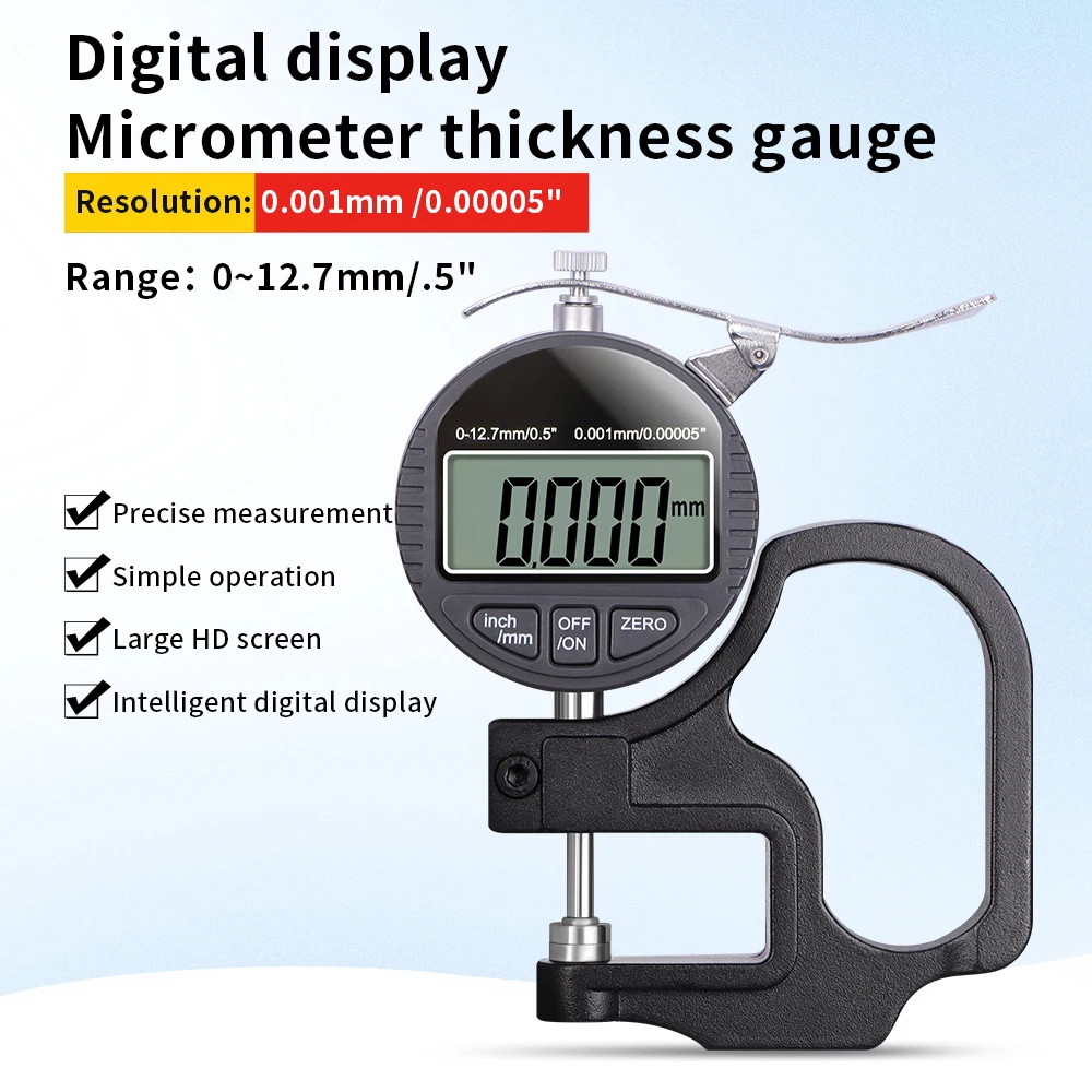 

0.001mm Digital Display Thickness Gauge Zinc Alloy High precision Electronic Micrometer Thickness Measurement Tools 0-12.7mm
