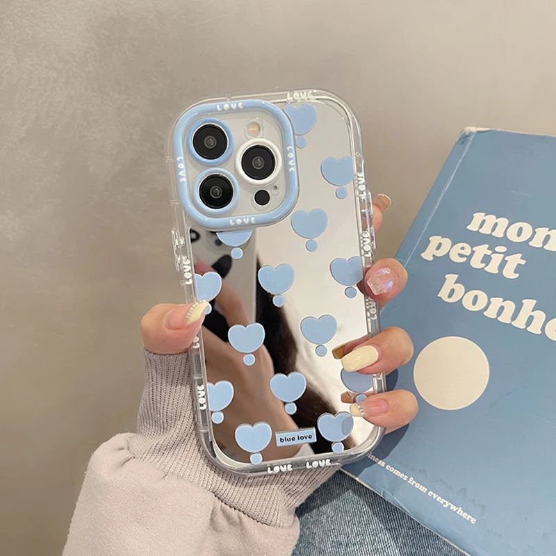 Korean Blue Love Heart Makeup Mirror Phone Case for iPhone