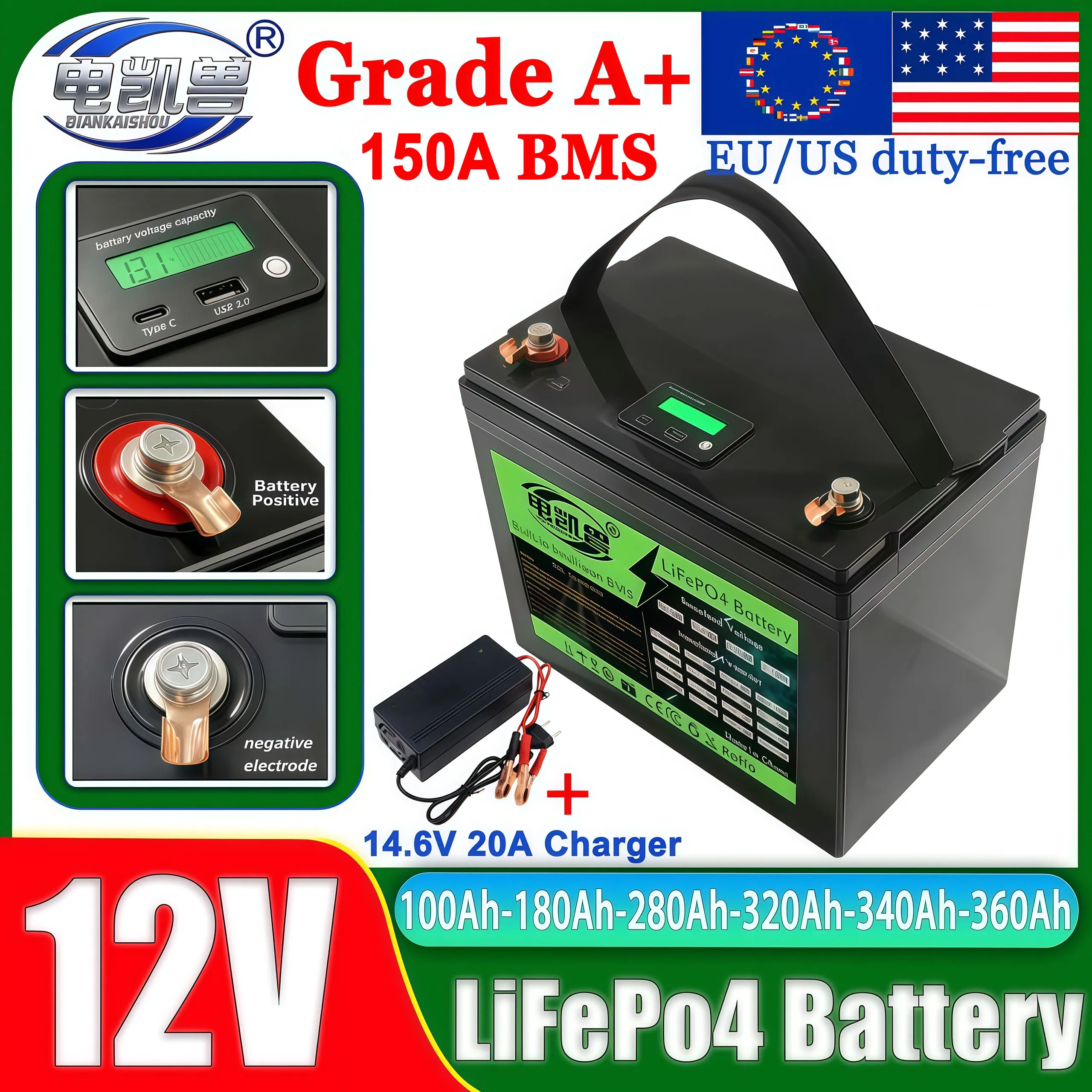 Batteria LiFePO4 di Grado A 12V 100AH 120AH 280AH 320AH 340AH 360AH Nuova per Batterie 4S 12.8V per Camper, Moto e Auto