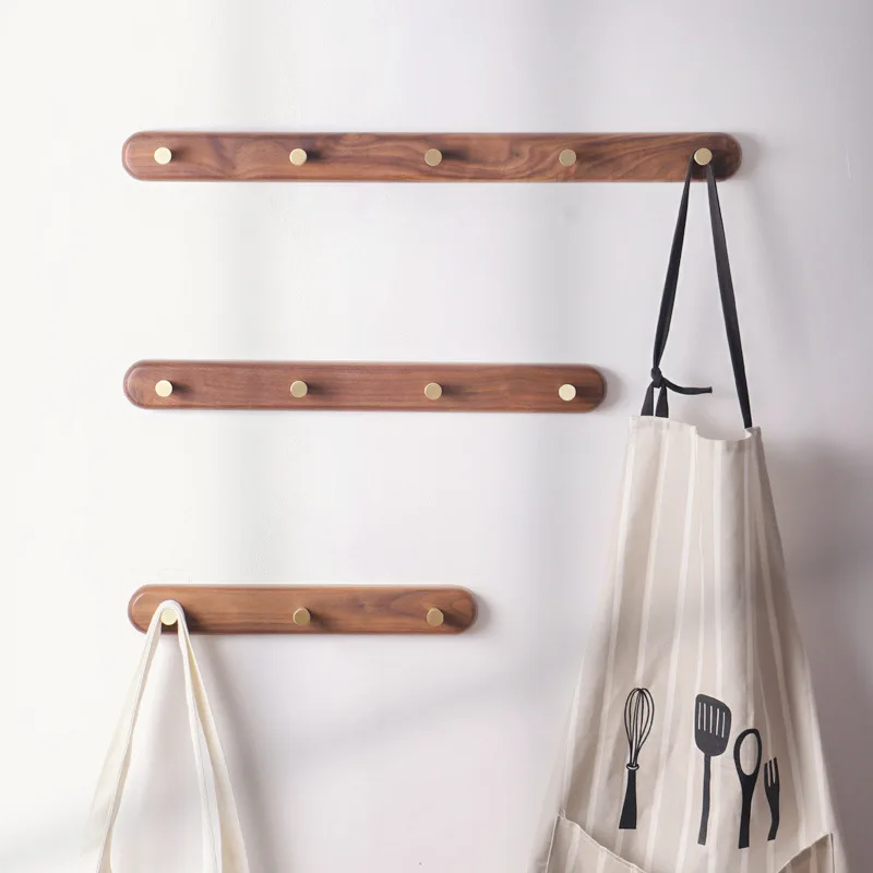 HeMu Black Walnut Wood Clothes Hook, Wall Non-perforated Brass Hanger, Bedroom Foyer, Solid Wood, Creative Rack