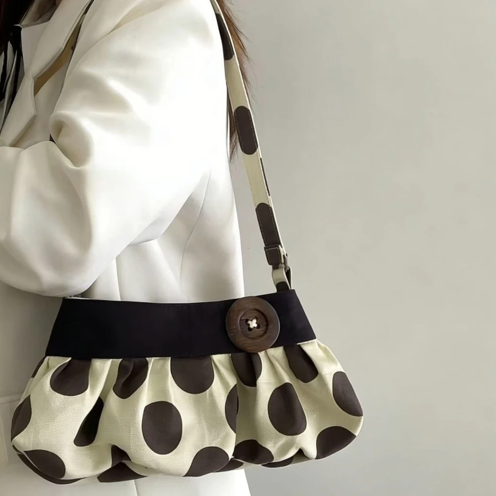 Borsa a Spalla Retrò a Pois con Bottoni in Legno, Borsa a Mano con Design Plissettato, Borsa Morbida a Forma di Raviolo, Borsa Casual a Righe per Pendolari