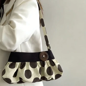 Borsa a Spalla Retrò a Pois con Bottoni in Legno, Borsa a Mano con Design Plissettato, Borsa Morbida a Forma di Raviolo, Borsa Casual a Righe per Pendolari