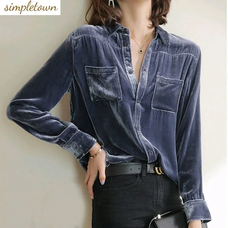 

Summer New High End Velvet Shirt Women's Casual Long Sleeved Fashion Versatile Top Loose Shirt Trend