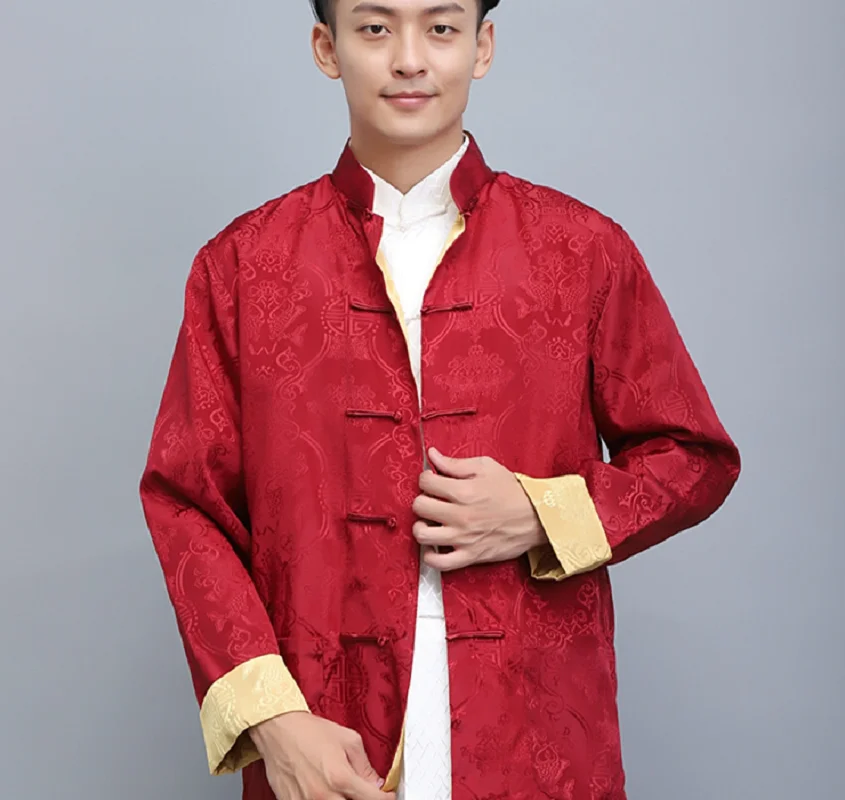 

Wholesale Chinese Traditional Men Double Faced Kung Fu Jacket High Quality Satin Tang Suit Coat Long Sleeve Hanfu Clothing