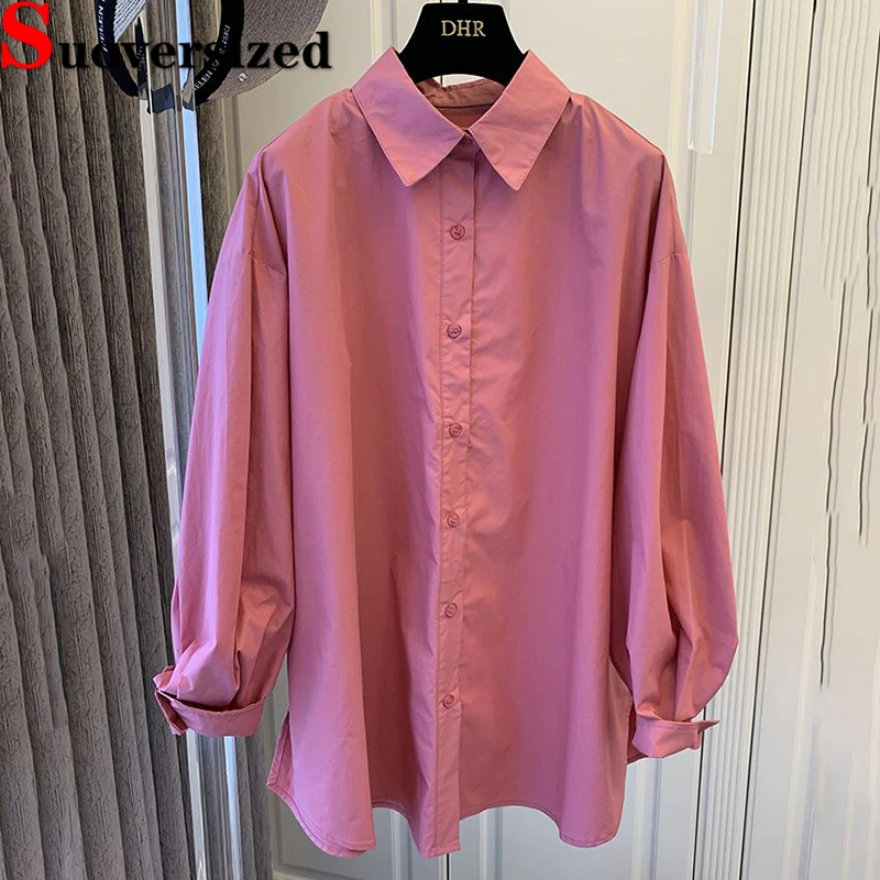 

Женская свободная рубашка с длинным рукавом, Повседневная однотонная Классическая хлопковая блузка большого размера в Корейском стиле на весну