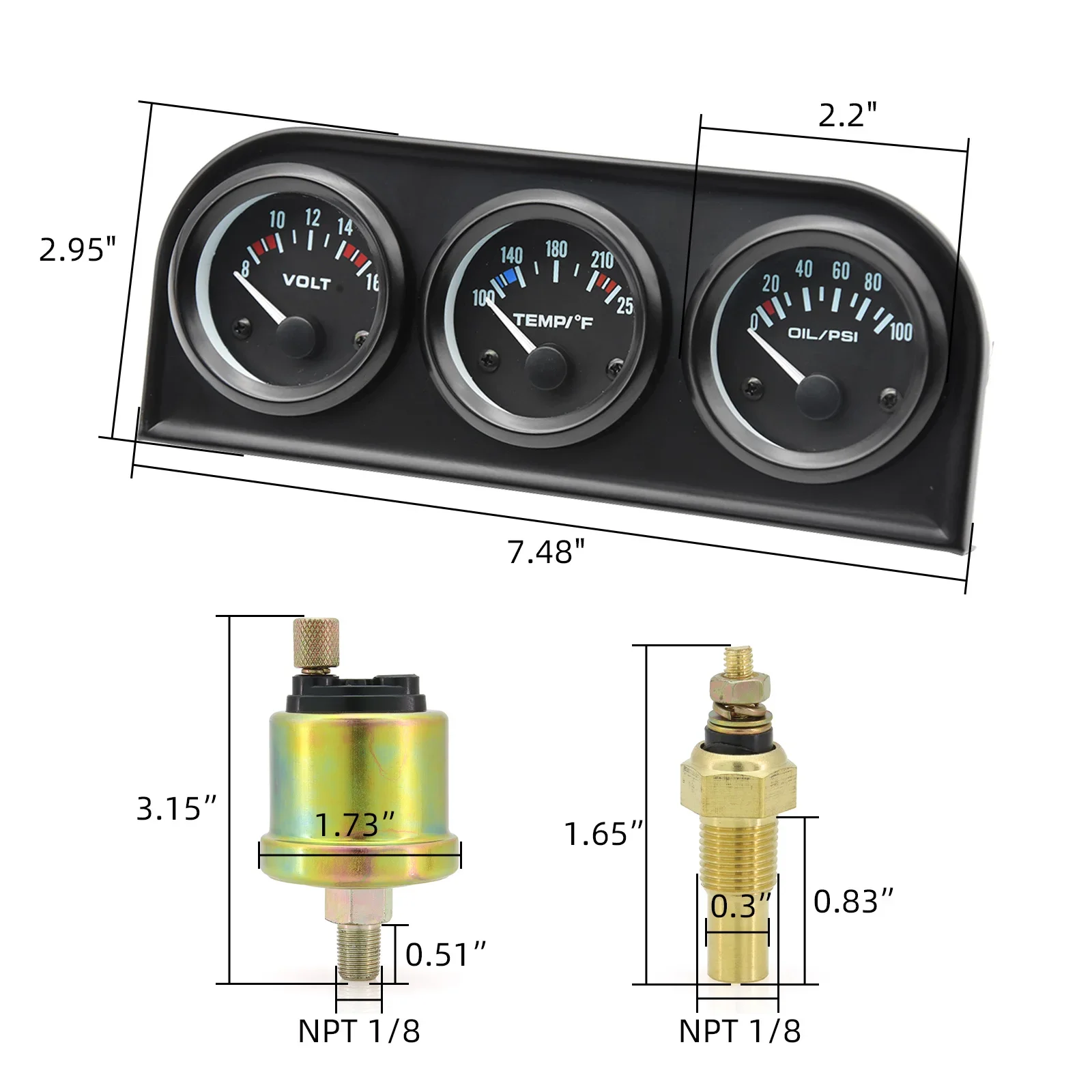 2인치 52mm 3 in 1 LED 백라이트 게이지 전압계 수압 오일 압력 오일 온도 전기 게이지 3 in 1 키트 미터