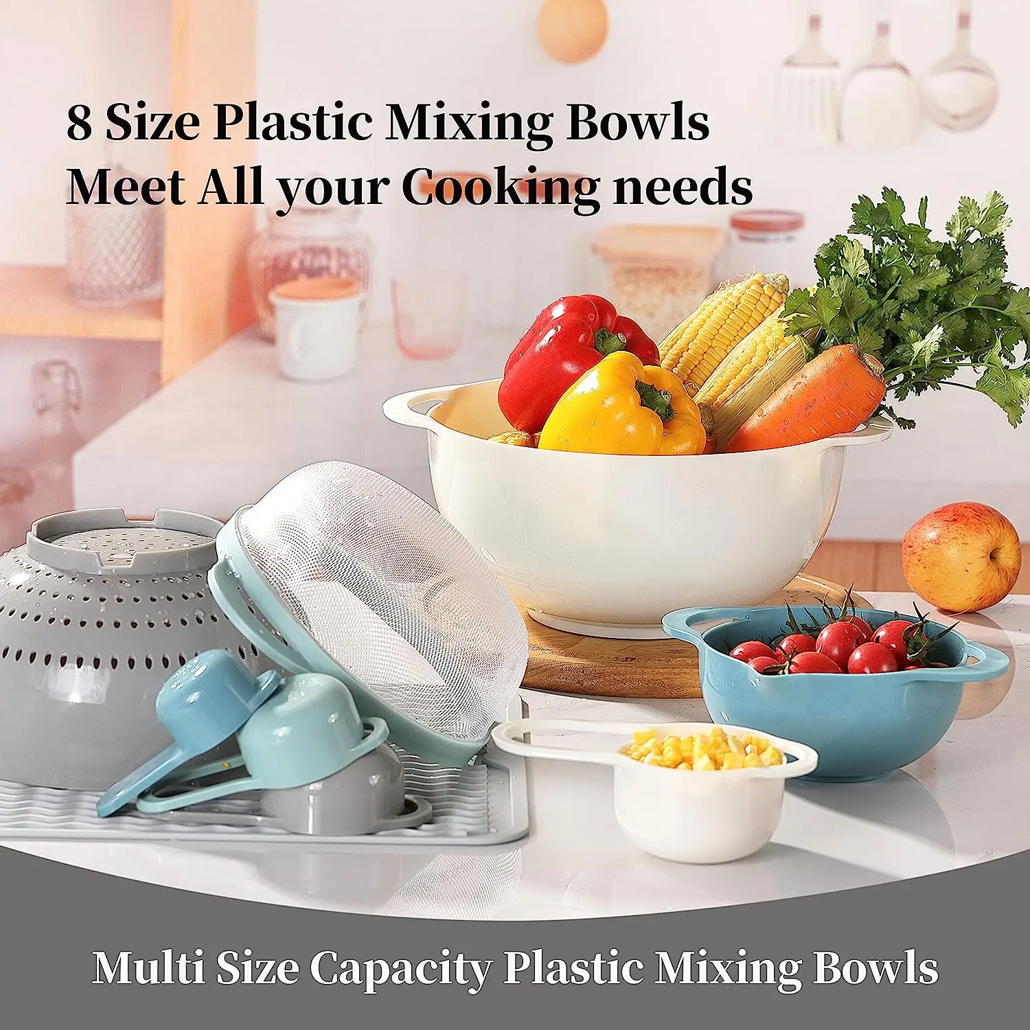 Set di 8 ciotole da cucina in plastica colorate, senza BPA, con 2 ciotole, 1 colino, 1 setaccio e 4 misurini con manici per insalata, snack e frutta