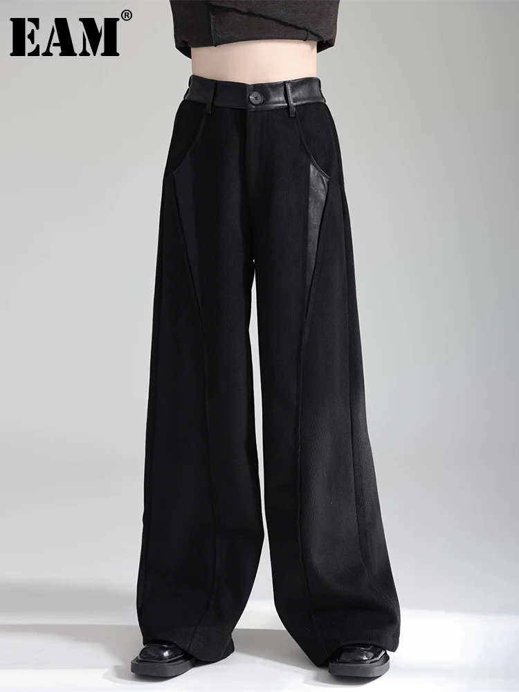 

[EAM] High Waist Coffee PU Leather Irregular Wide Leg Pants New Loose Fit Trousers Women Fashion Tide Spring Autumn 2024 1DH3314