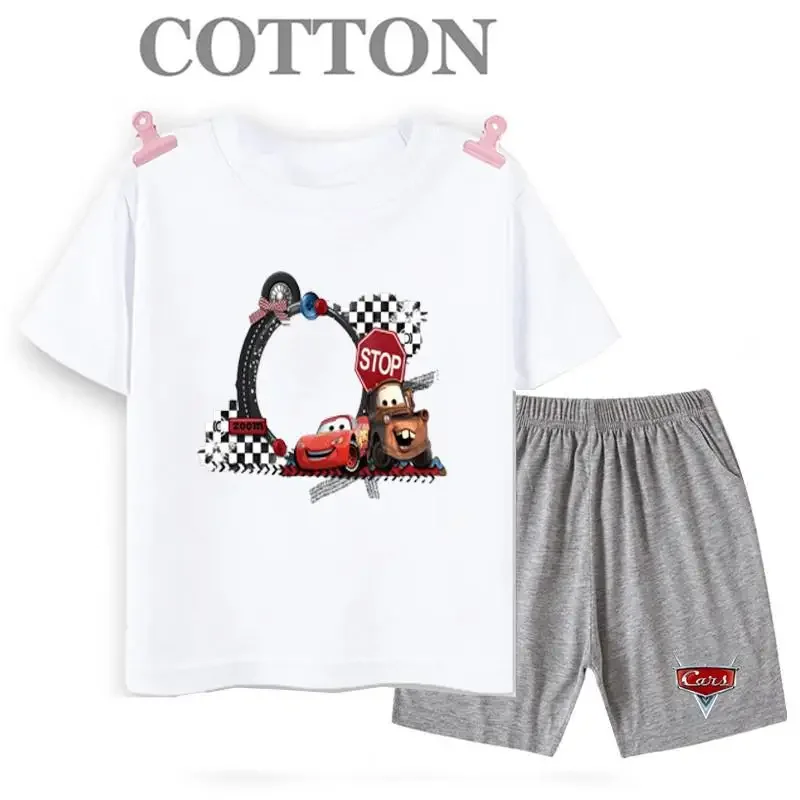 thumbnail image 1 of Conjunto de camiseta y pantalones cortos de verano para niños, camiseta de algodón de manga corta con dibujos de coches y pantalones, conjunto de 2 piezas, ropa para niñas y niños, conjunto para bebés, 1 of 5