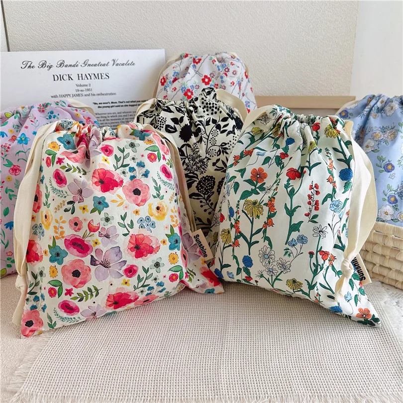 Floral Print Travel Drawstring Bag - Portable Cotton Organizer for Underwear, Socks, and Makeup