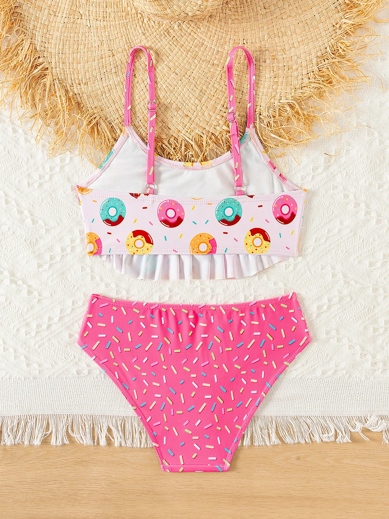 Donut Print Ruffle Deco Girls Kids 2-piece Swimsuit for Summer Beach Outdoor girls swimsuit