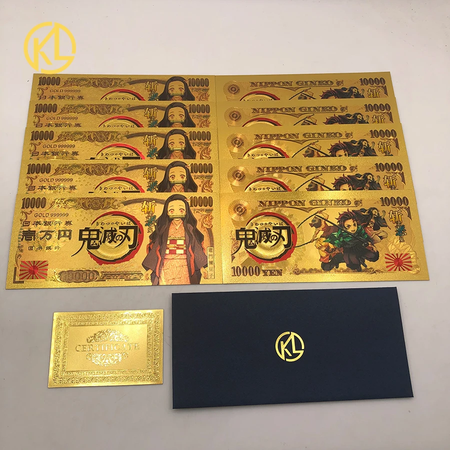 

1set/10pcs Japan Anime Demon Slayer Kamado Tanjirou Kamado Nezuko 10000 Yen Gold Plastic Cards for Gift and collection