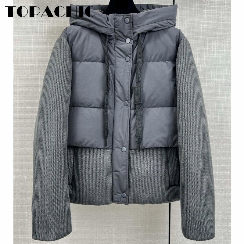 

1.8 TOPACHIC Women's Elegant Comfortable Thick Keep Warm Down Jacket Hooded Drawstring Patchwork Side Split Goose Outerwear