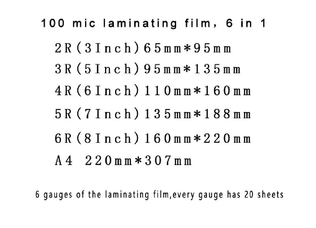 Laminating Films 120Pcs 100mic 6 Size (3" 5" 6" 7" 8" A4)Thermal PET + EVA For Roll Laminator