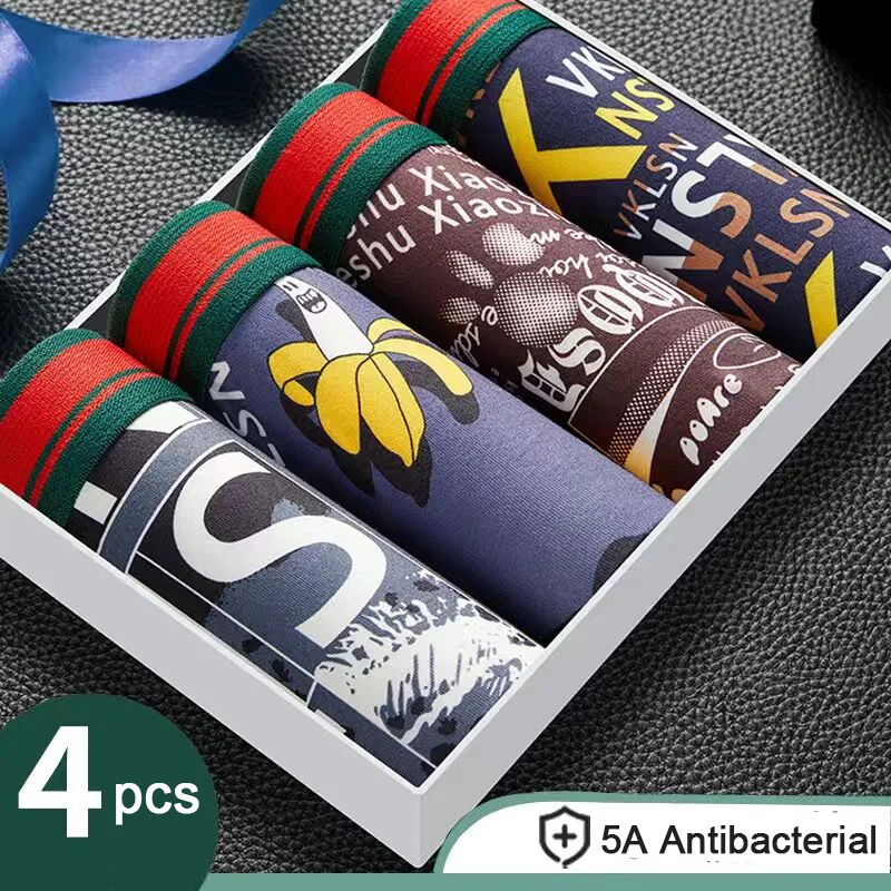 4Pcs Men Underwear Male Shorts Comfortable Underpants Print Casual Shorts Breathable U Convex Men Panties Plus Size L-4XL