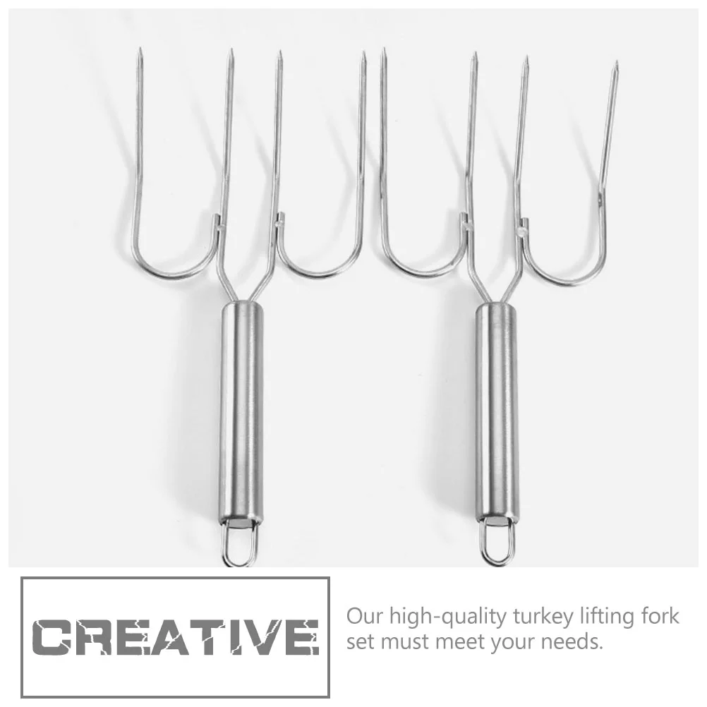 2 Pcs Stainless Steel Roasting Fork Turkey Lifter Barbecue Tool Meat Skewer Poultry Fork Steak Hoist Kitchen Dining Bar Meat