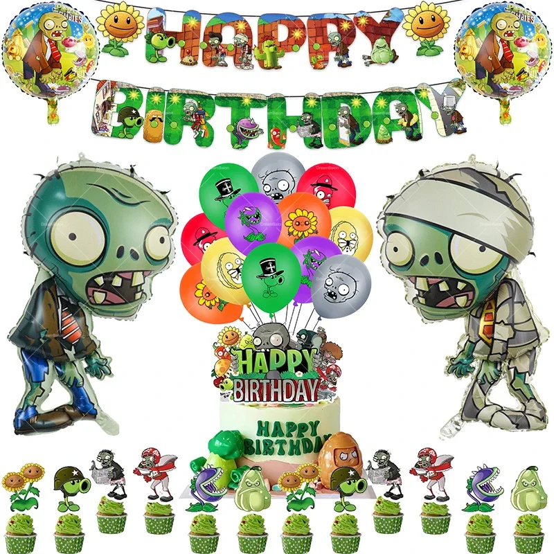 Cartoon Game Party Decor Set with Balloons, Banner, and Tableware
