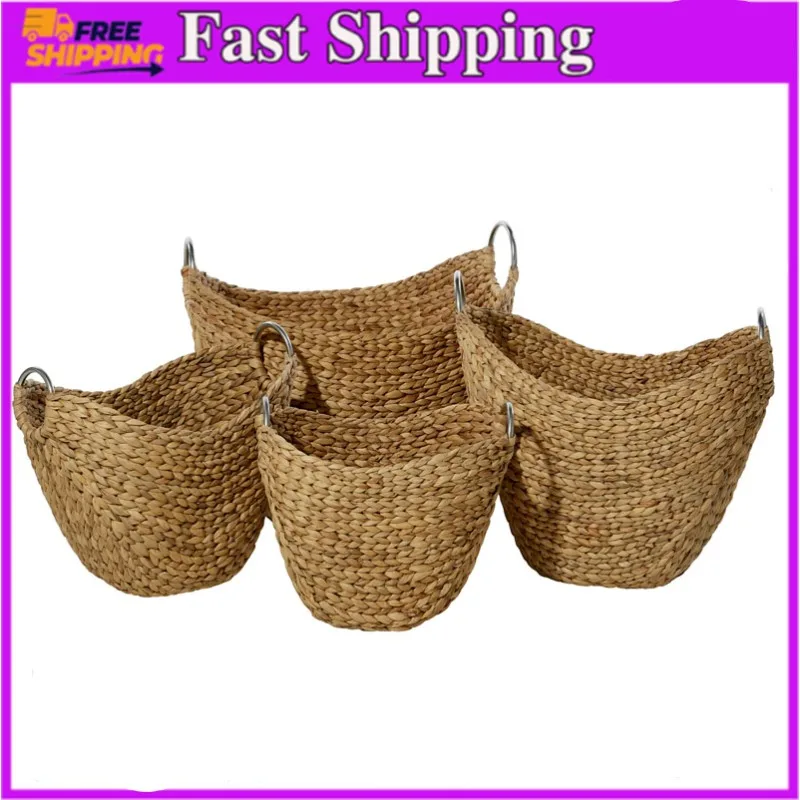 

Brown Seagrass Handmade Woven Storage Basket with Metal Handles, 4-Pieces