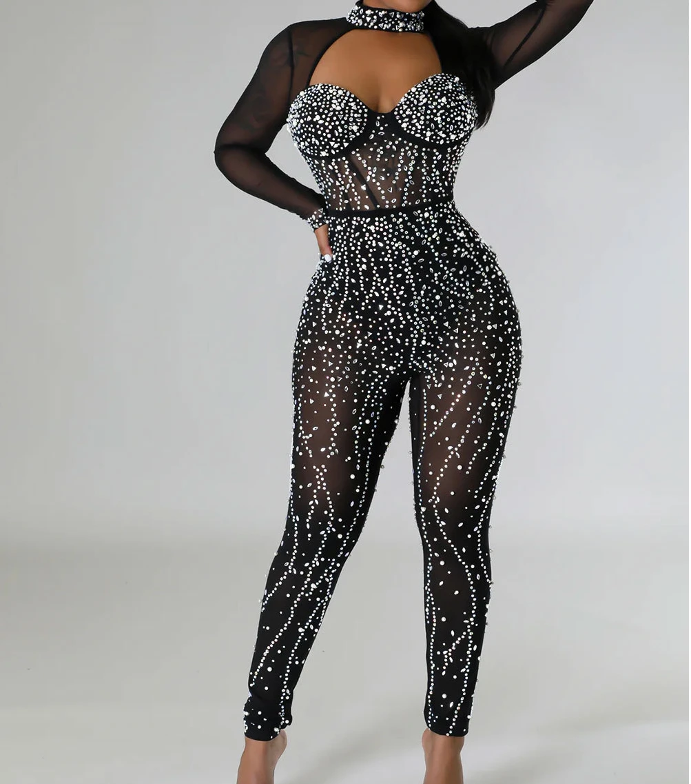 

Sexy Bodycon Rompers Evening Birthday Overalls Outfit Mesh Hot Diamond Long Sleeved Jumpsuit Fashion Lady Party Streetwear 2024