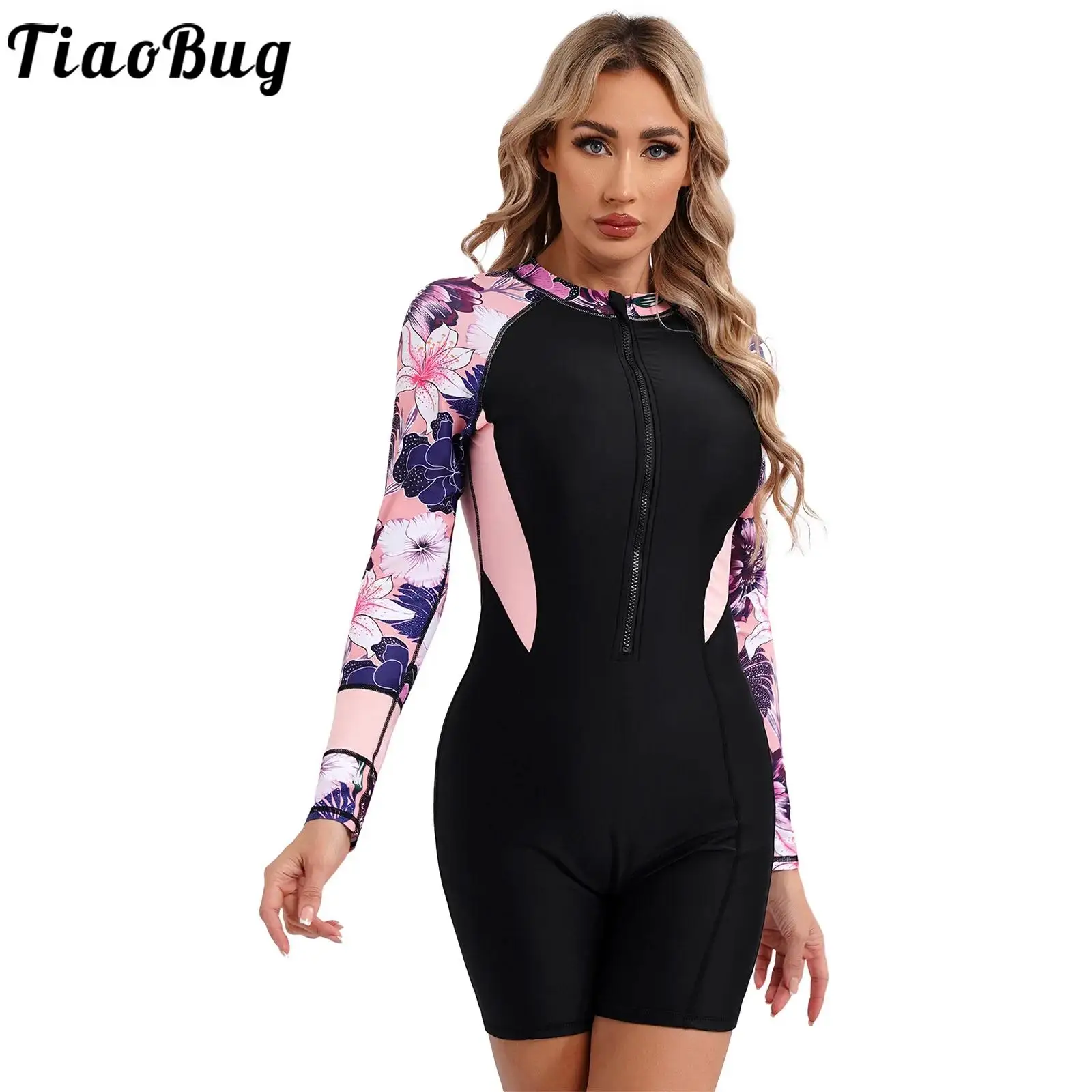 

Women One Piece UPF 50+ Rash Guard Floral Print Athletic Swimsuit Long Sleeve Zipper Swimwear Beach Surfing Wetsuit Bathing Suit