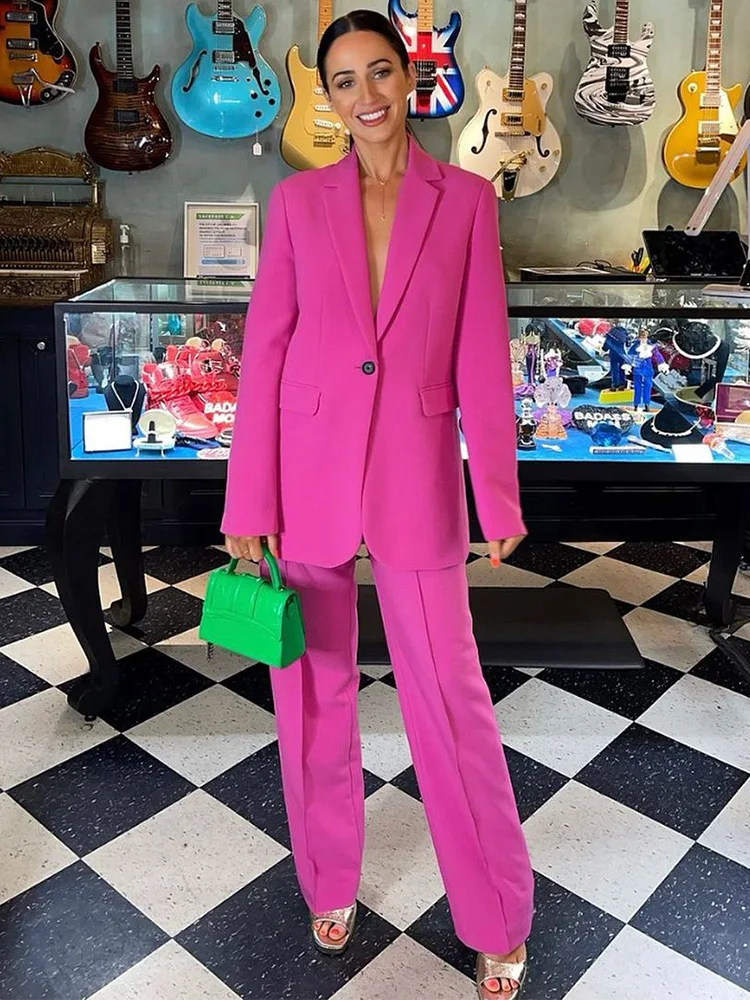 

2022 Модные комплекты из 2 предметов, женские наряды, элегантный офисный блейзер на одной пуговице, костюмы для женщин, комплекты брюк с высокой талией и прямыми штанами