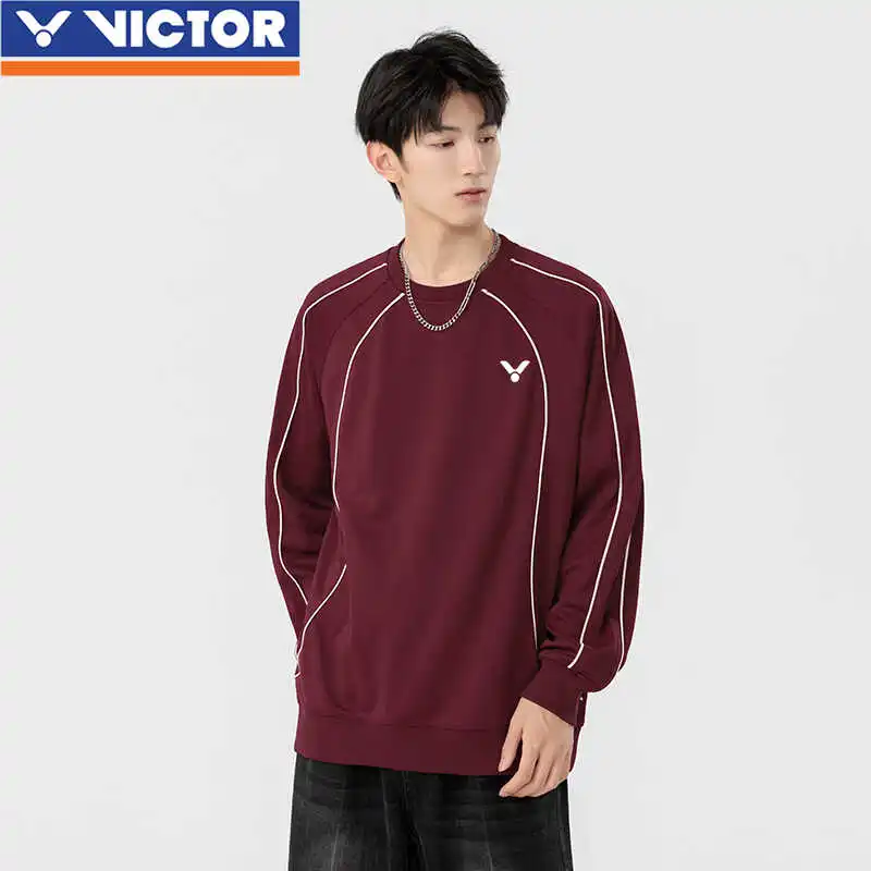 VICTOR Autumn Winter Cotton Casual Sports Hoodie Men's and Women's Retro Solid Color Loose Round Neck Long-sleeved Top