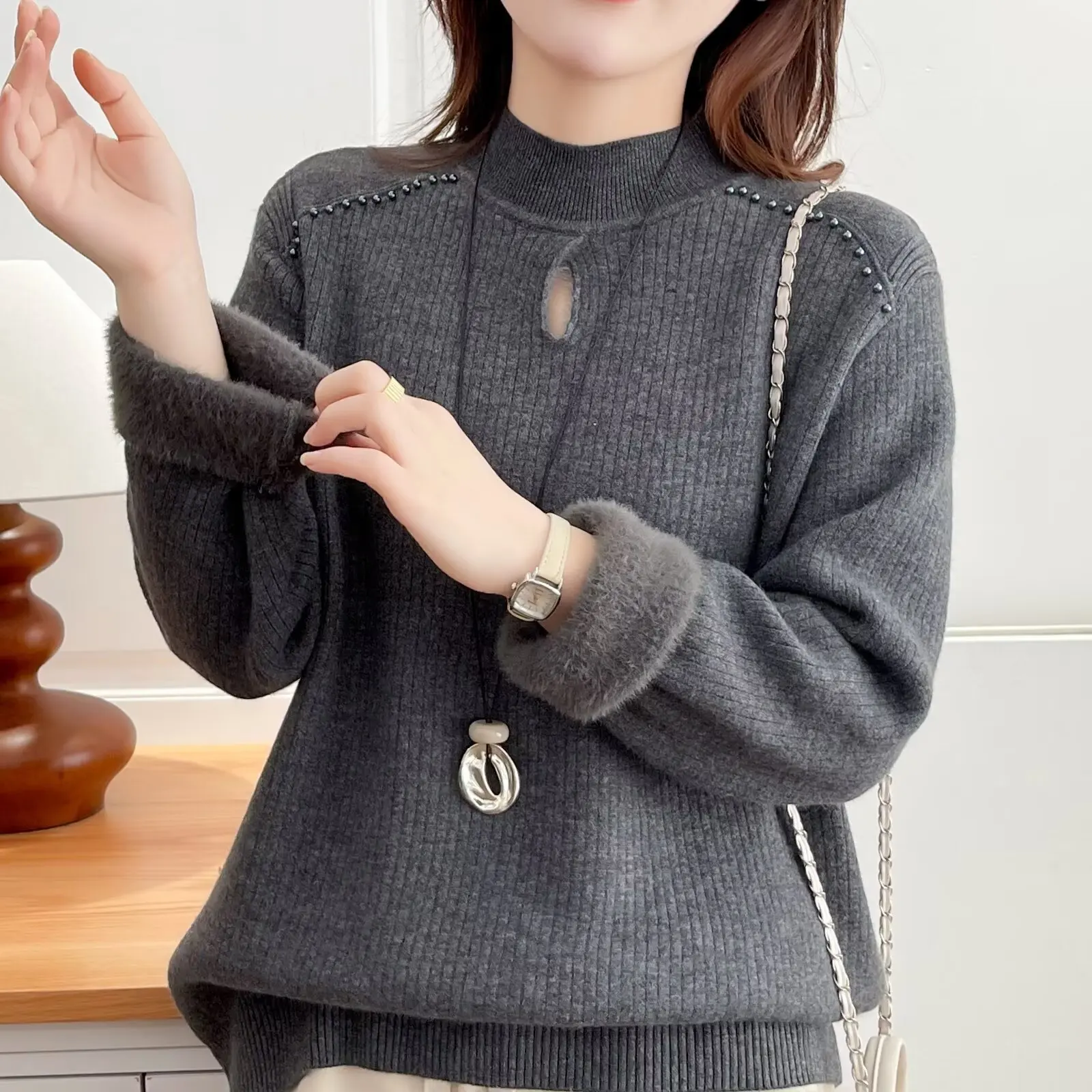 XXXXL Fashion Plus Size Women's Sweaters Autumn Winter New Stylish Beaded hollowed-out one-piece Fleece Warm Knitted Jumper 2586