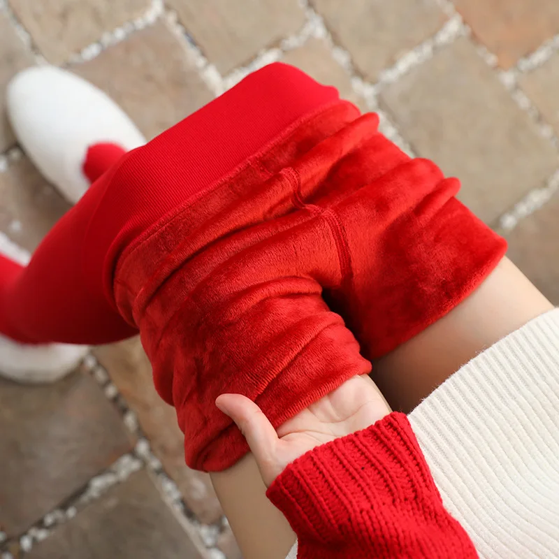 Pure Red Thick Fleece Lined High Waist Leggings Women Christmas Autumn  Winter Thermal Pants Soft Stretchy Hot Girls Pantyhose