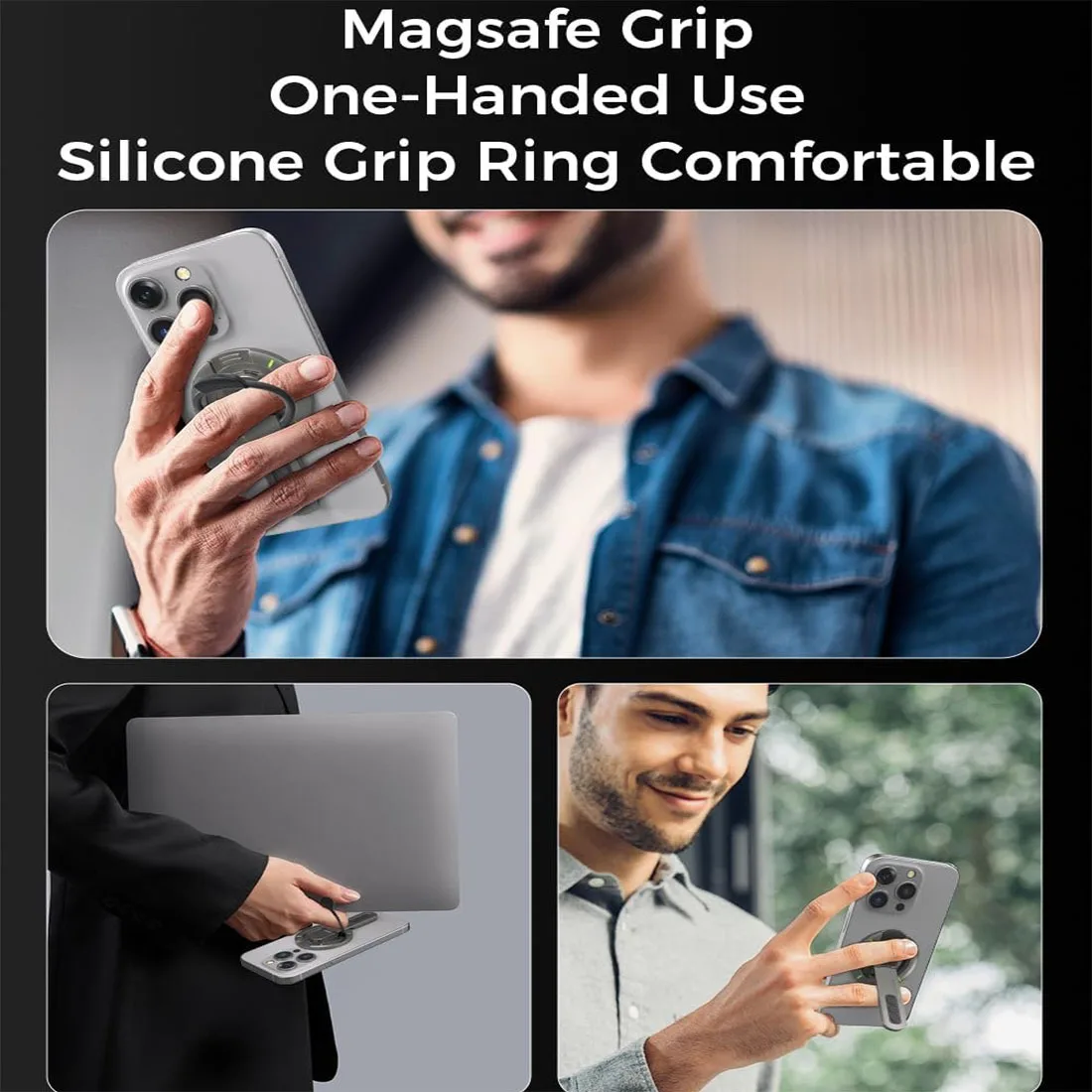 Magsafe-Compatible 360° Rotating Phone Grip & Kickstand with Pressure-Relief Silicone Finger Ring
