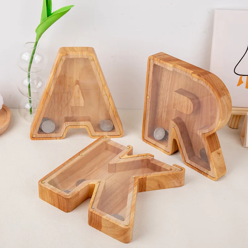

Letter Wooden Piggy Bank Money Saving Box Solid Wood Saving Box Jar Coins Storage Desktop Ornament Home Decor Crafts Xmas Gift