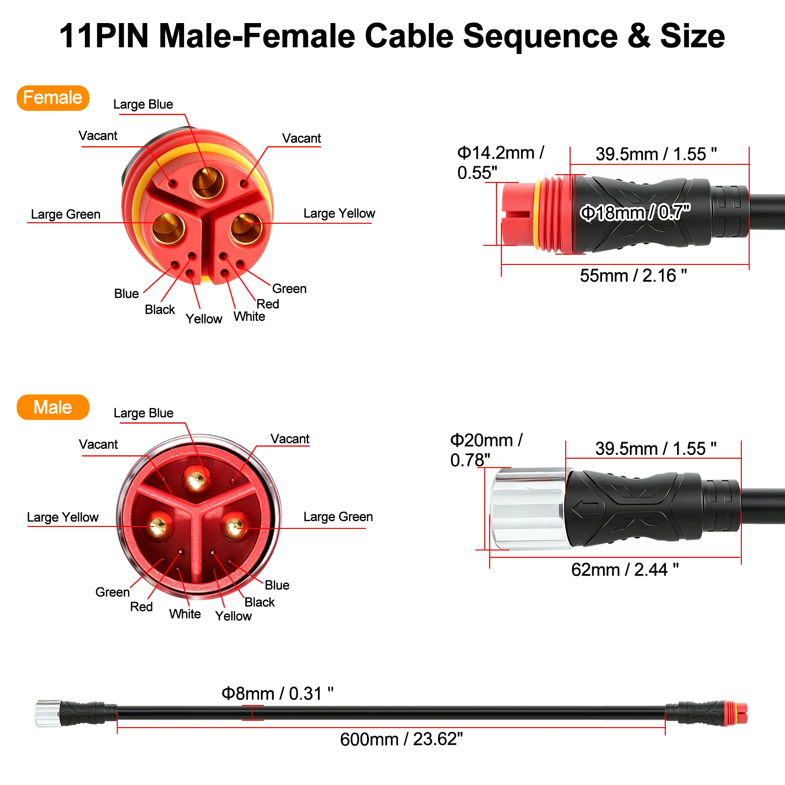 방수 11핀 팻 타이어 전기자전거 허브 모터 연장 케이블 60cm 90cm, BAFANG용 내구성 있는 모터 와이어 교체 부품