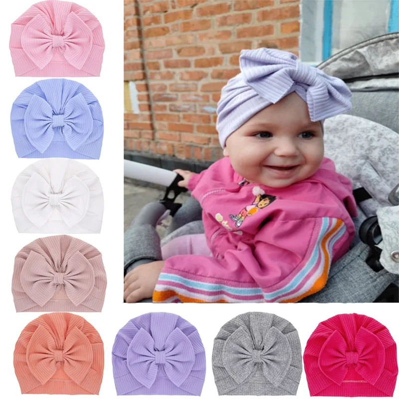 Accessories Baby Girl Cotton Turban Big Bow Hat Toddler Kids Head Wrap Newborn Beanie Solid Color Infant Bonnet Cap 0-2T