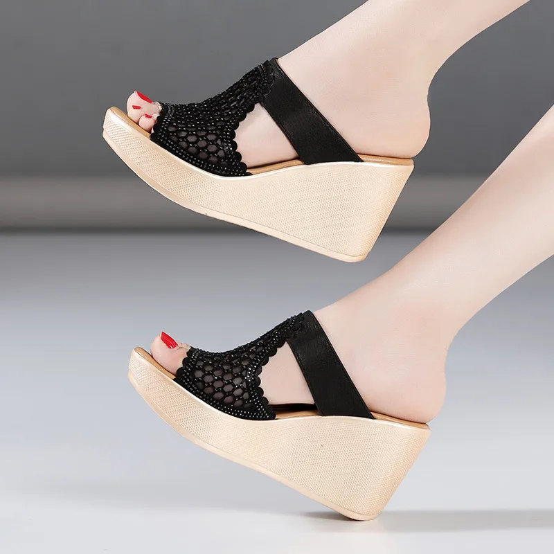 YeddaMavis Gold Slippers 11CM High Heel Sandals For Women Sandals New Summer Peep Toe Lace Mesh Wedge Heels Sandal Women Shoes